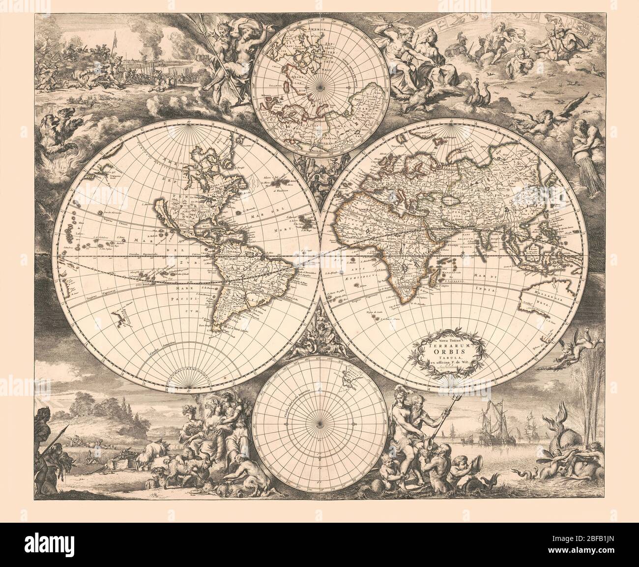 Welt Karte "Novissima totius terrarum orbis Tabula" 1680 Stockfoto