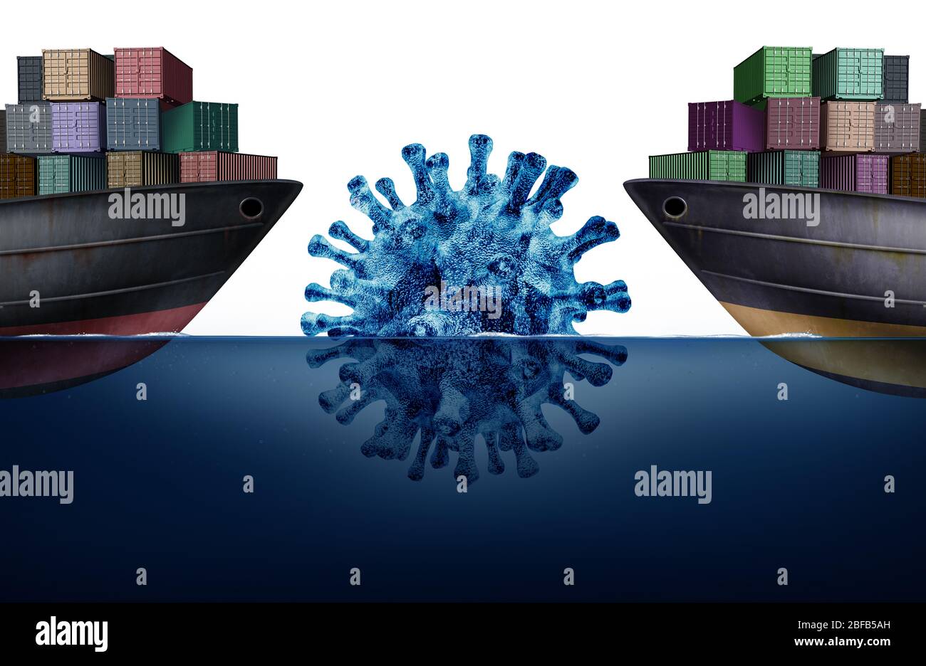Schifffahrt und Krankheiten Herausforderungen und Fracht-Logistik Umgang mit dem Coronavirus oder Grippe als Frachtschiffe vor einem gefährlichen Eisberg. Stockfoto