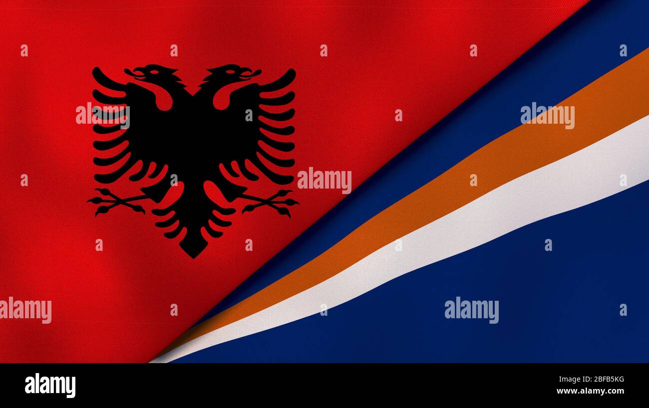 Zwei Staaten Flaggen von Albanien und Marshallinseln. Qualitativ hochwertiger Hintergrund. 3d-Darstellung Stockfoto