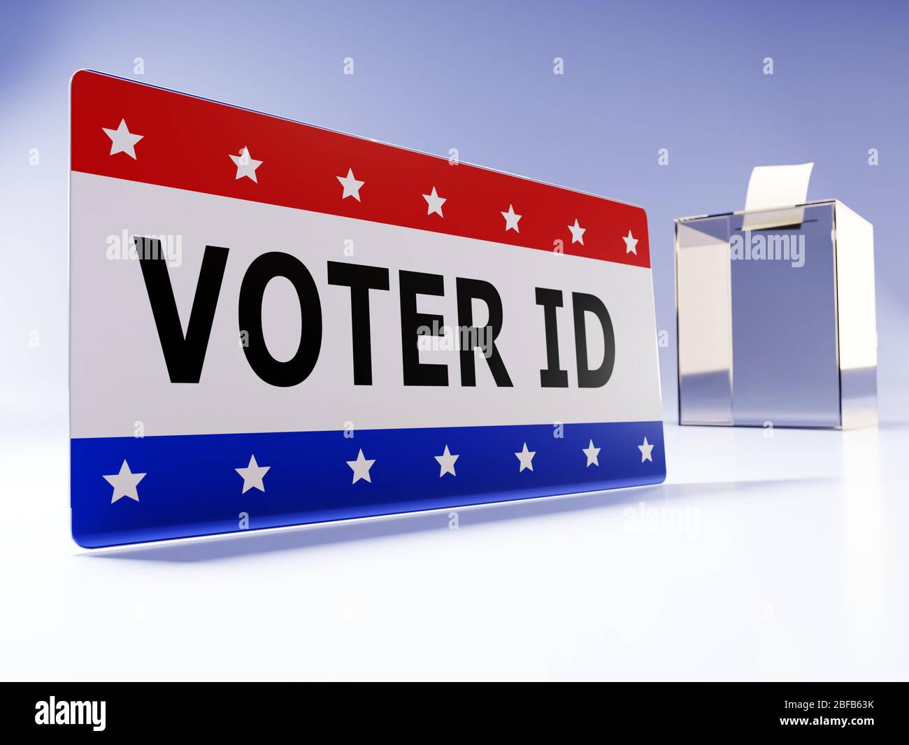 3D-Rendering des Wählerausweises mit transparenter Wahlurne im Hintergrund Stockfoto