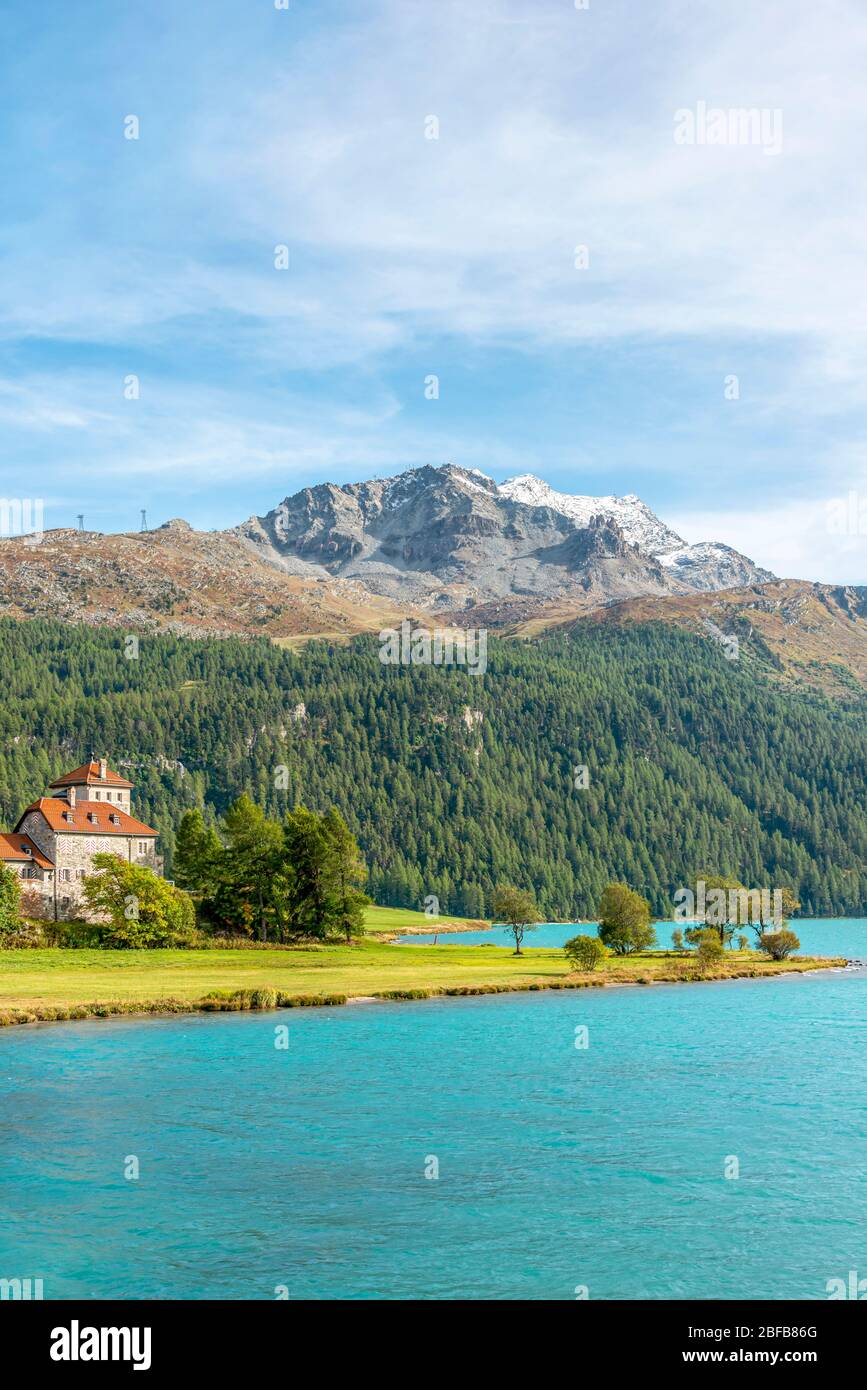 Mist da Sass Schloss in Frühlingslandschaft am Silvaplaner See, Schweiz Stockfoto
