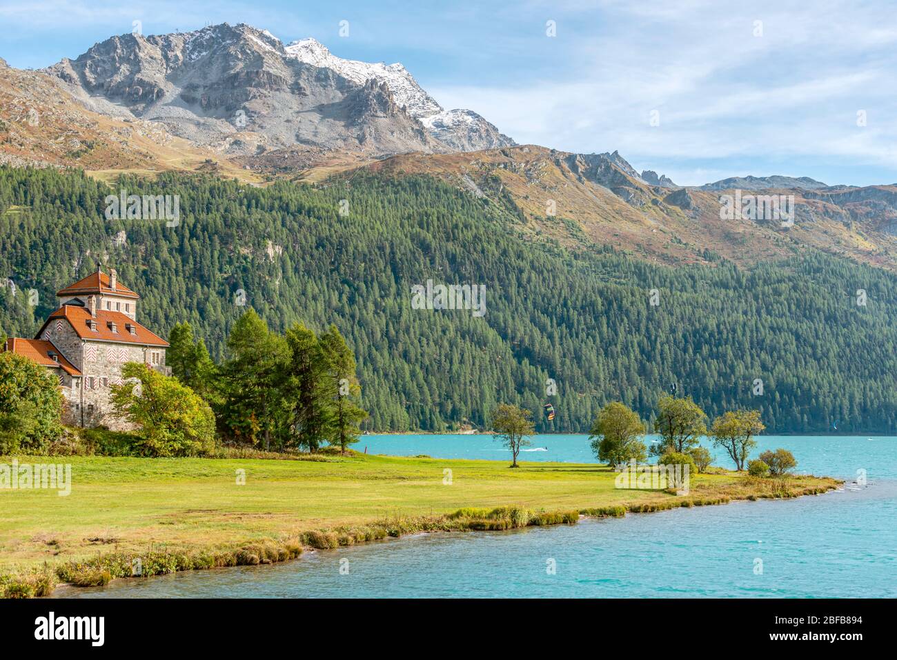 Mist da Sass Schloss in Frühlingslandschaft am Silvaplaner See, Schweiz Stockfoto