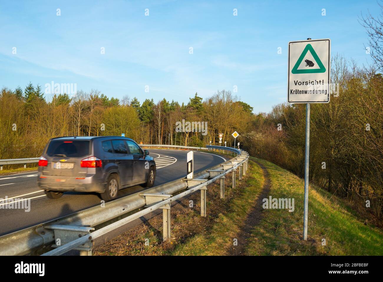 Schild neben der Straße, Vorsicht Krötenzug, Frühling, Lüneburger Heide, Niedersachsen, Deutschland Stockfoto