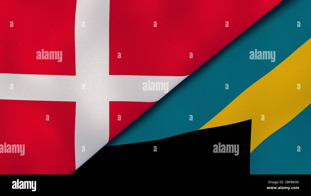 Zwei Staaten Flaggen von Dänemark und Bahamas. Qualitativ hochwertiger Hintergrund. 3d-Darstellung Stockfoto