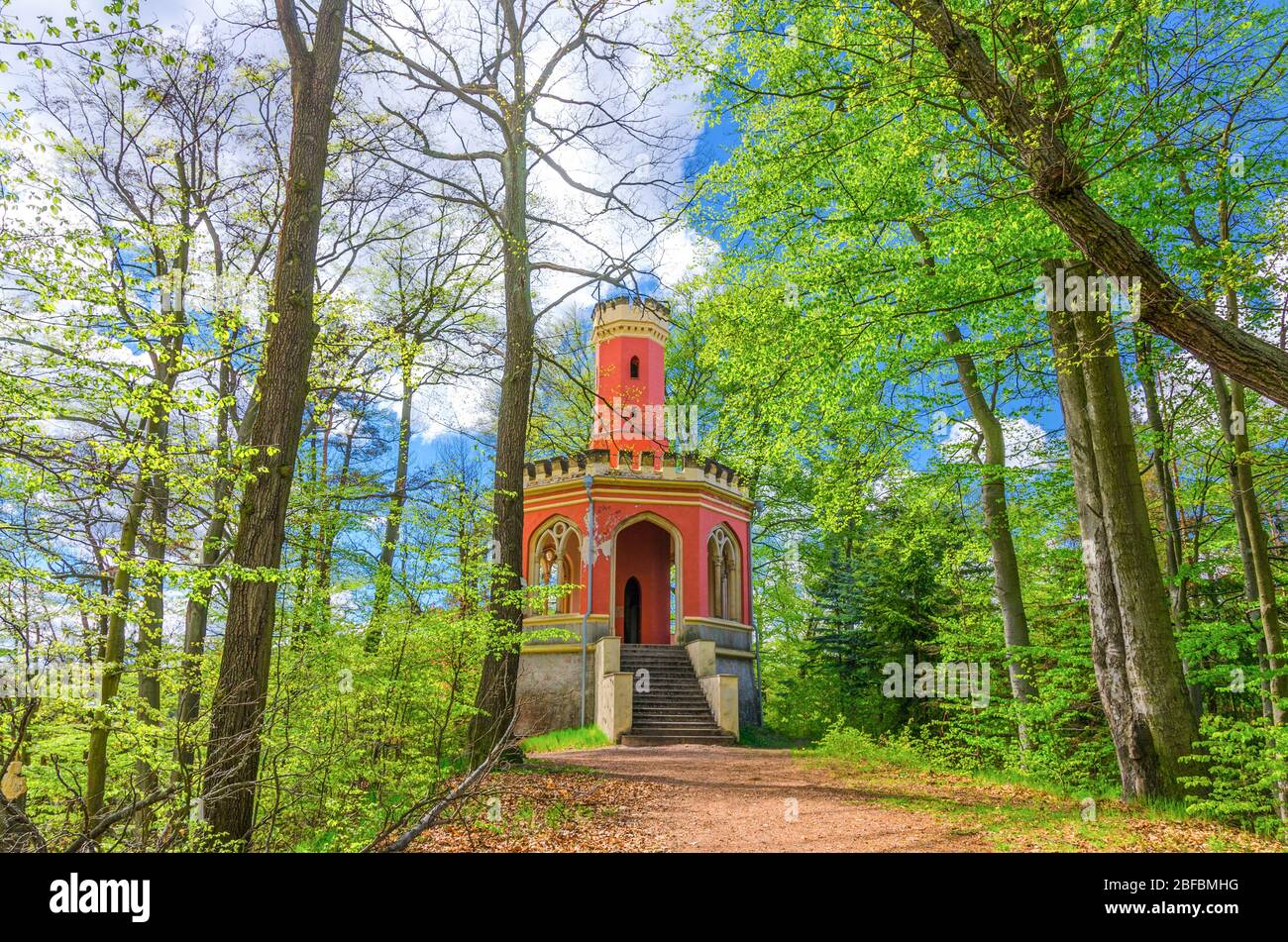 Karl IV. Aussichtsturm neogotischen Backsteingebäude im Slavkov Wald, Buchen mit grünen Blättern auf Ästen in dichten Wald in der Nähe von Karlovy Vary Stockfoto