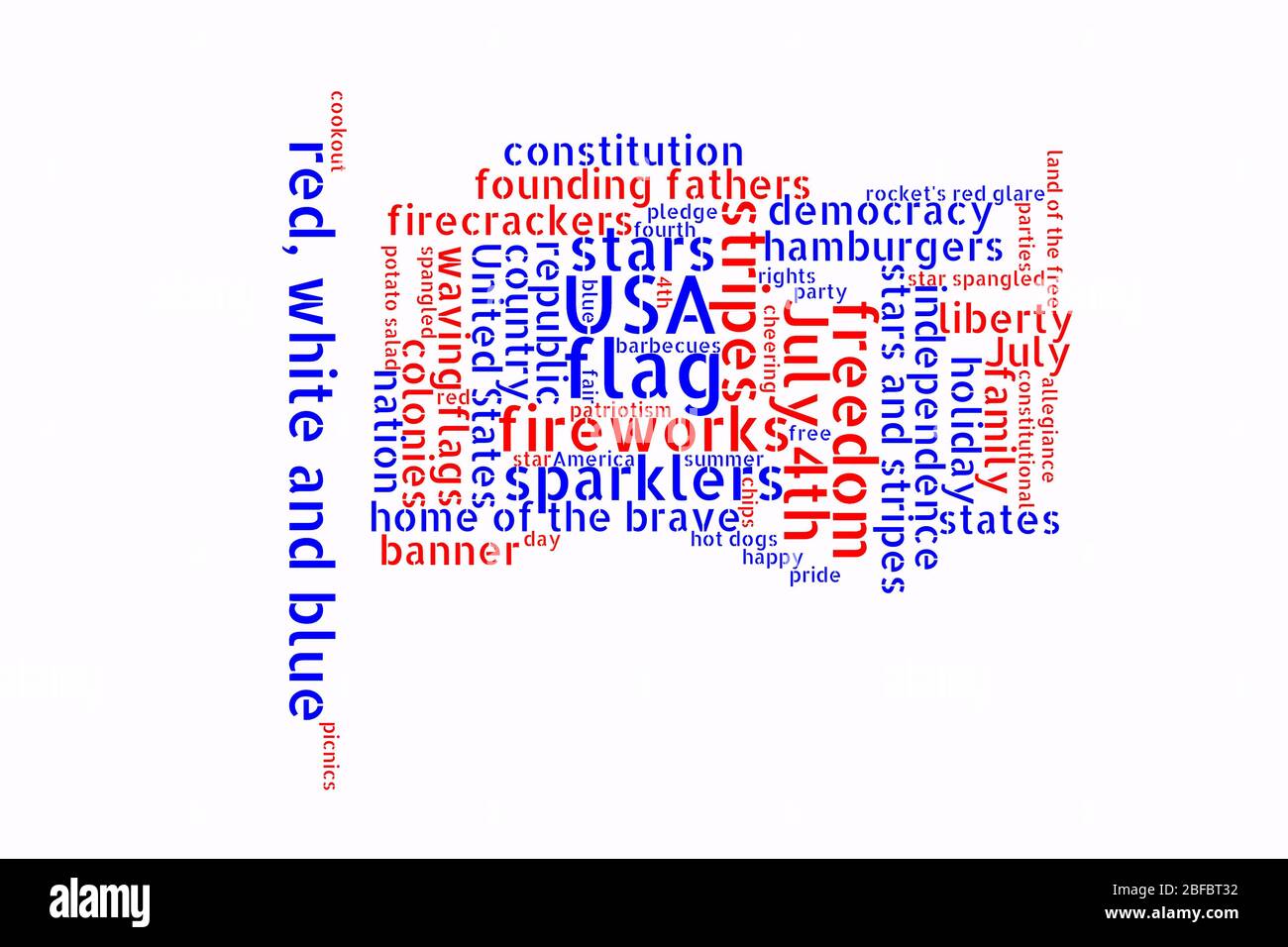 4. Juli, Vereinigte Staaten von Amerika, Unabhängigkeitstag, Tag Wolke, Text Collage in Form einer roten, weißen und blauen Flagge, weißer Hintergrund Stockfoto