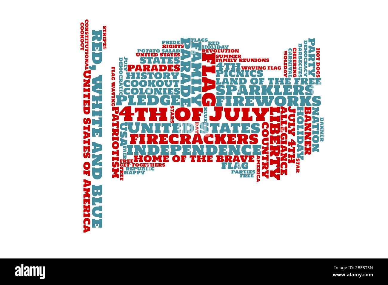 4. Juli, Vereinigte Staaten von Amerika, Unabhängigkeitstag, Tag Wolke, Text Collage in Form einer roten, weißen und blauen Flagge, weißer Hintergrund Stockfoto