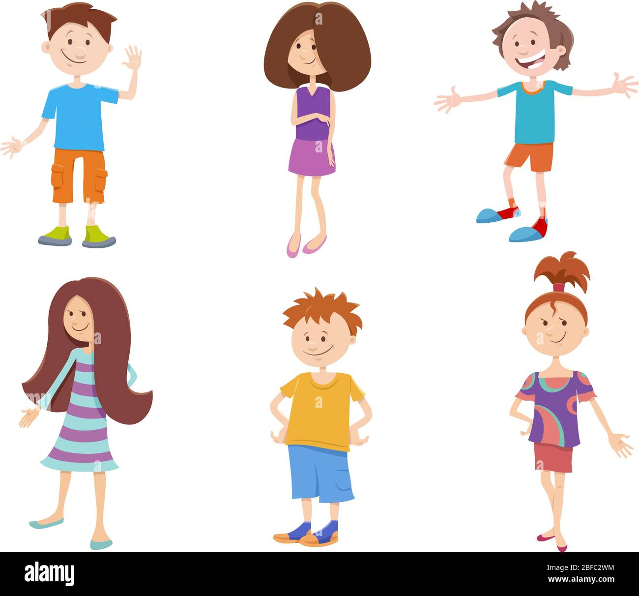 Cartoon-Illustration von Fröhlichen Kindern und Jugendlichen Figuren Gesetzt Stock Vektor