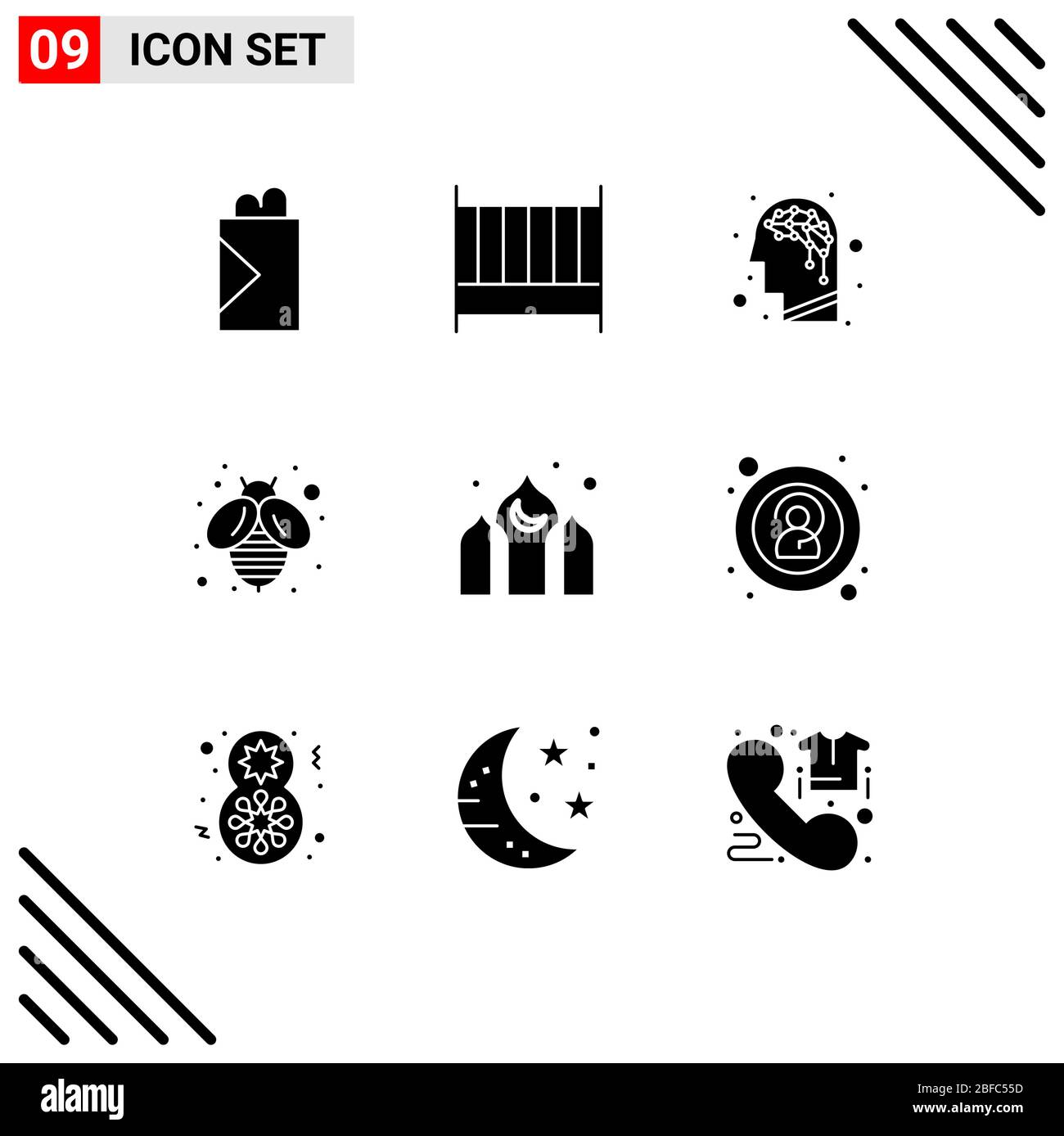 Modernes Set von 9 festen Glyphen Piktogramm der Anonymität, Kareem, Gehirn, asien, Honig editierbare Vektor Design-Elemente Stock Vektor