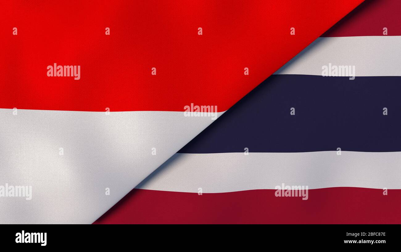 Zwei Staatsflaggen von Indonesien und Thailand. Qualitativ hochwertiger Hintergrund. 3d-Darstellung Stockfoto