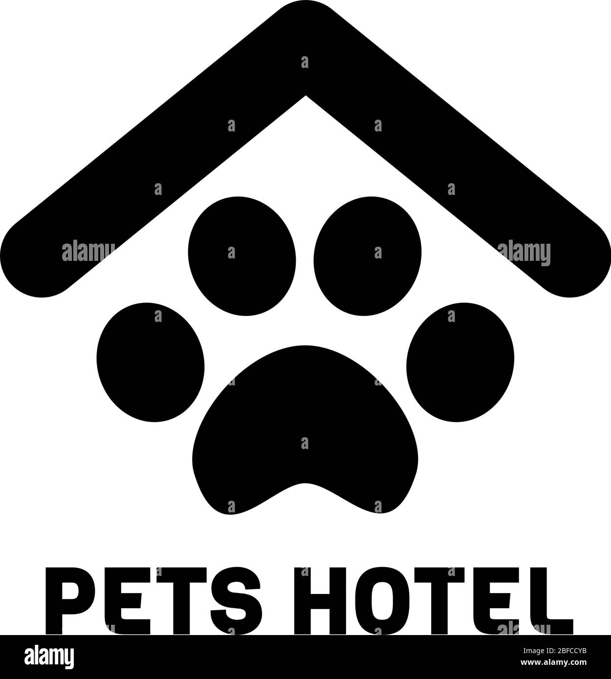 Haustiere Hotel schwarzes Logo mit Text isoliert auf weißem Hintergrund. Glyphe Symbol Tierhaus Vektor-Symbol. Umriss Pfote Schild unter Dach Grafikelement. Web Einfache Form. Stock Vektor