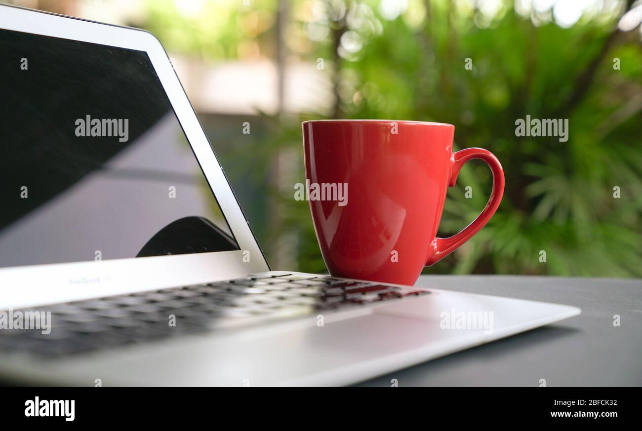 Computerlaptop mit Offee in roter Tasse mit grünem Naturhintergrund. Arbeiten Sie remote oder von zu Hause aus. Ausgewählter Fokus. Kopierbereich. Stockfoto