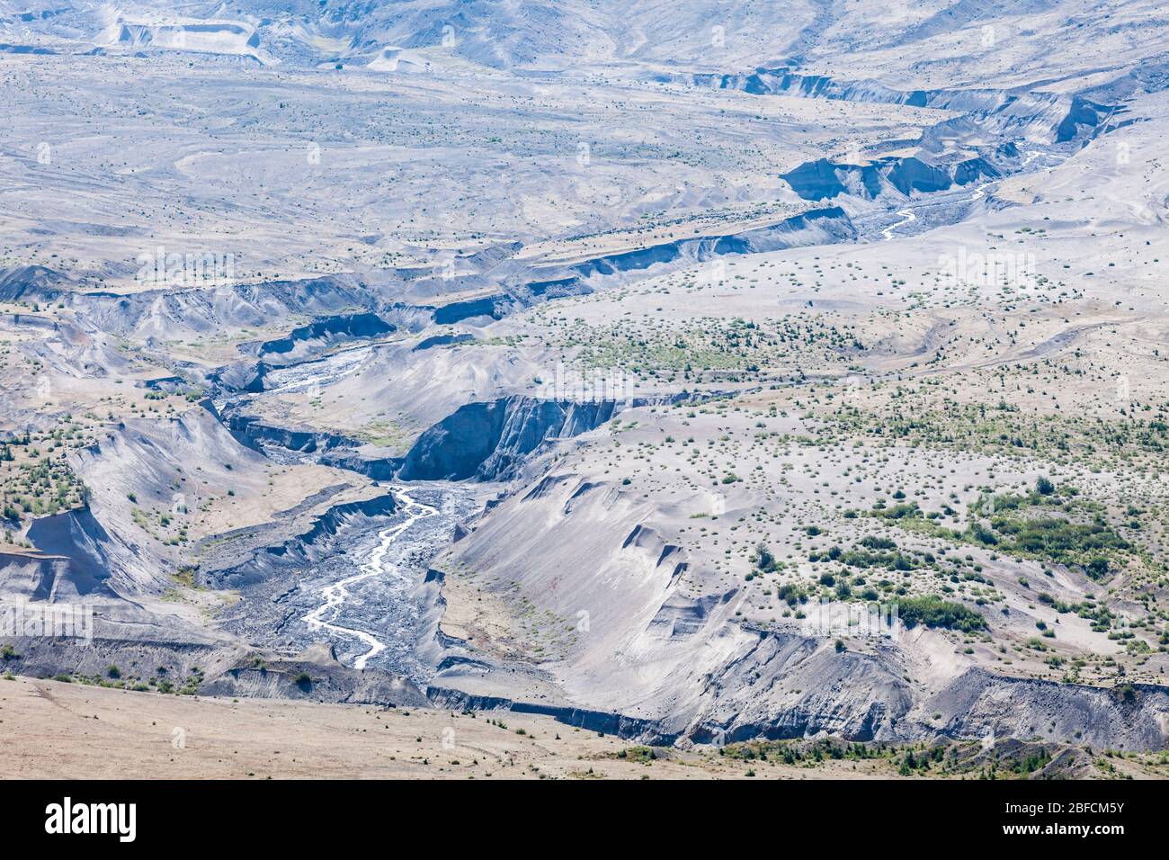 Loowit Creek macht es weit unten durch die Ascheebene auf der Nordseite des Mount Saint Helens, Washington, USA. Stockfoto