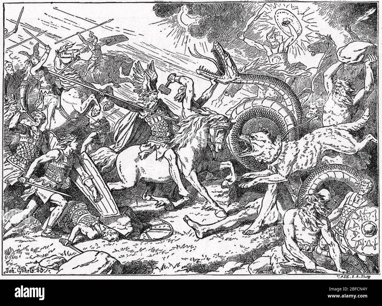 RAGNARÖK in der nordischen mythologischen Schlacht am Ende der Welt Stockfoto