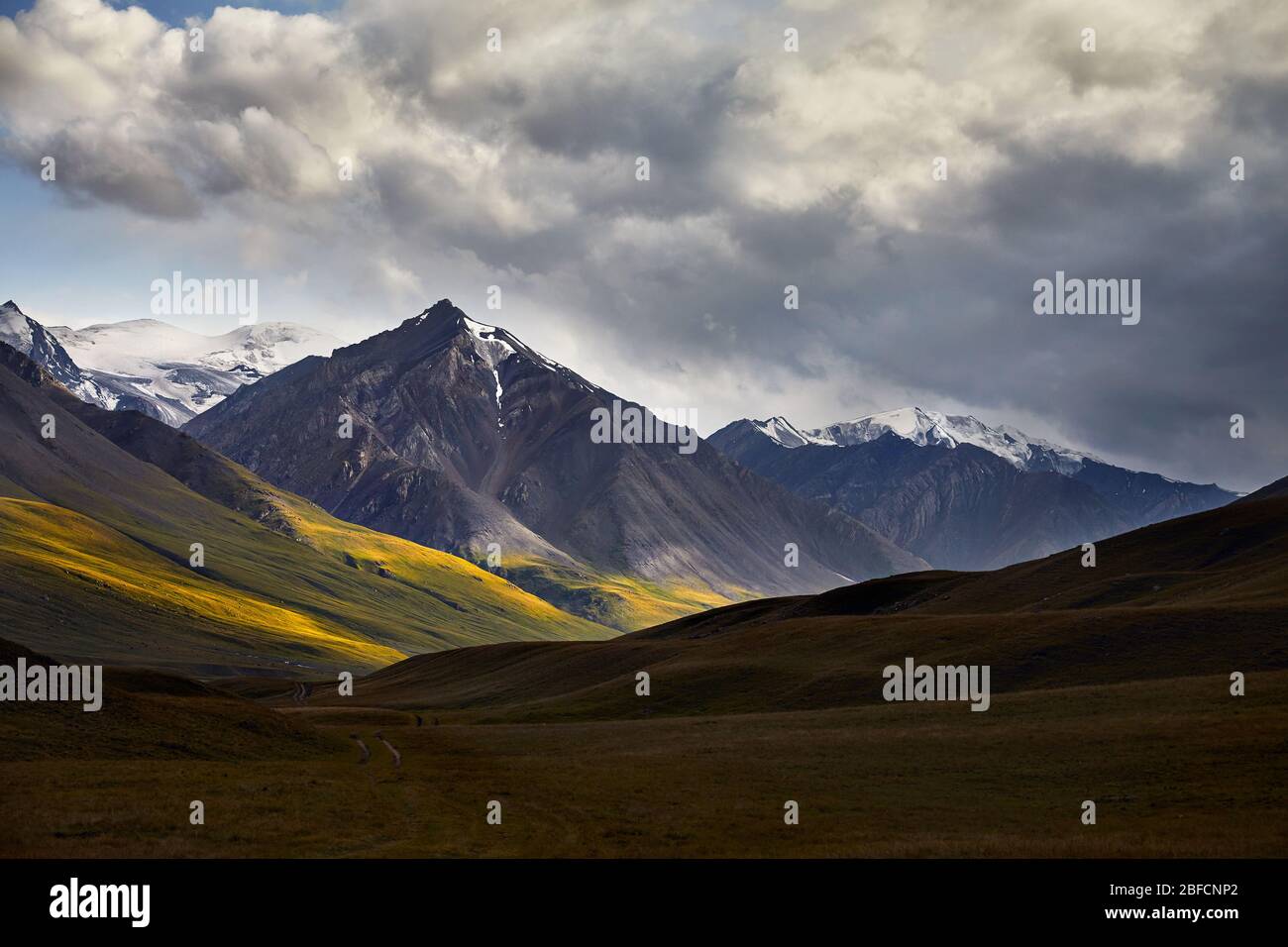 Die schöne Landschaft der schneebedeckten Berg im grünen Tal des Terskey Alatau in Kirgisistan Stockfoto