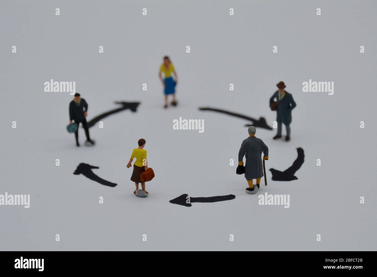 Studio hat eine Konzeptszene mit Miniaturmenschen gedreht, die in der Ära der COVID 19-Pandemie soziale Distanz zueinander üben Stockfoto