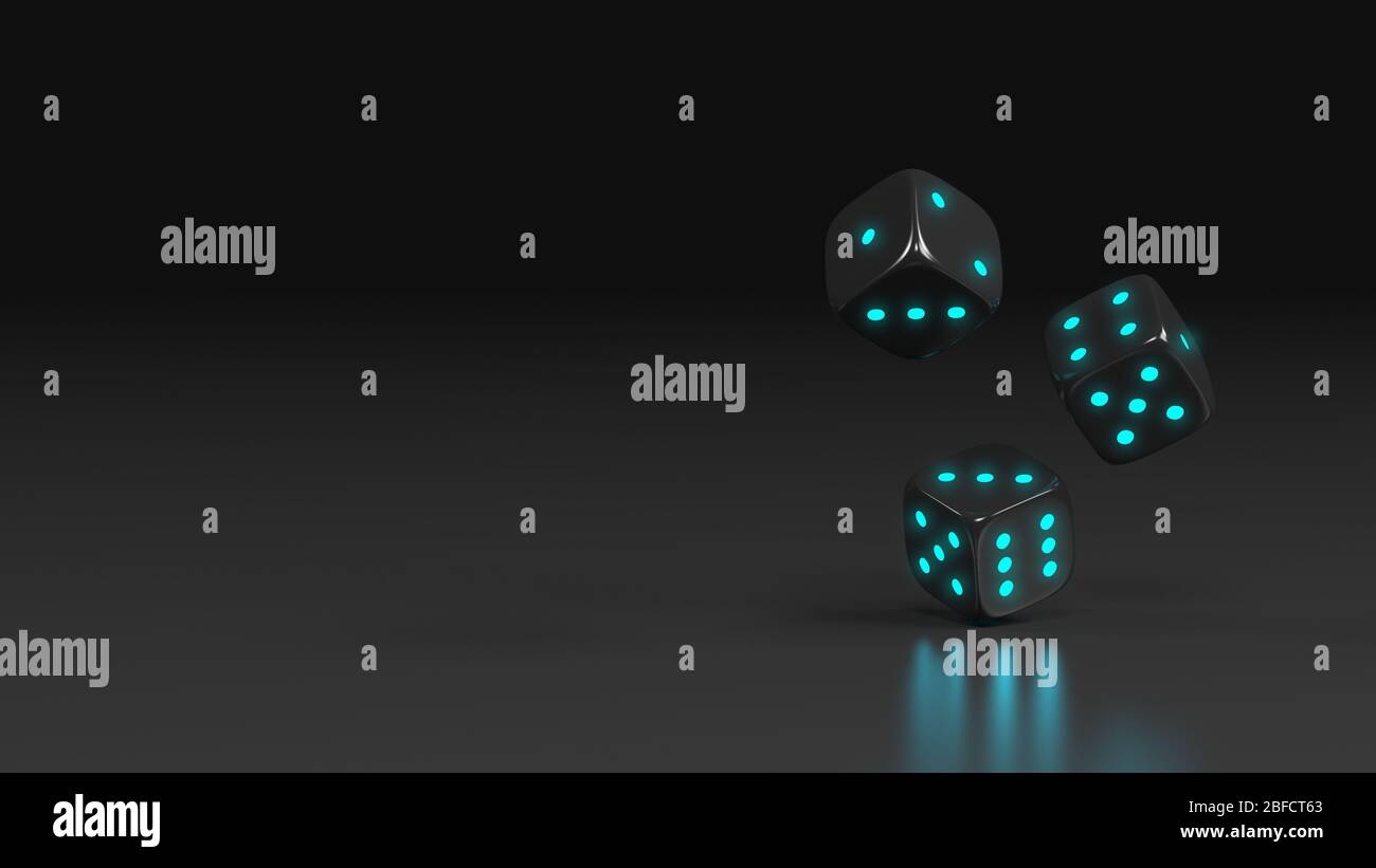 Drei schwarze Casino Würfel mit glühenden Spots Konzept Stockfoto