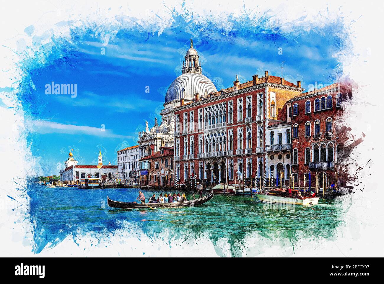 Touristen überqueren Tragetto durch den Canal Grande, Venedig, Venetien, Italien. Kunstskizze. Stockfoto