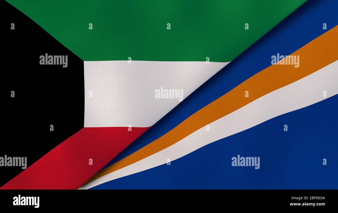 Zwei Staaten Flaggen von Kuwait und Marshall-Inseln. Qualitativ hochwertiger Hintergrund. 3d-Darstellung Stockfoto
