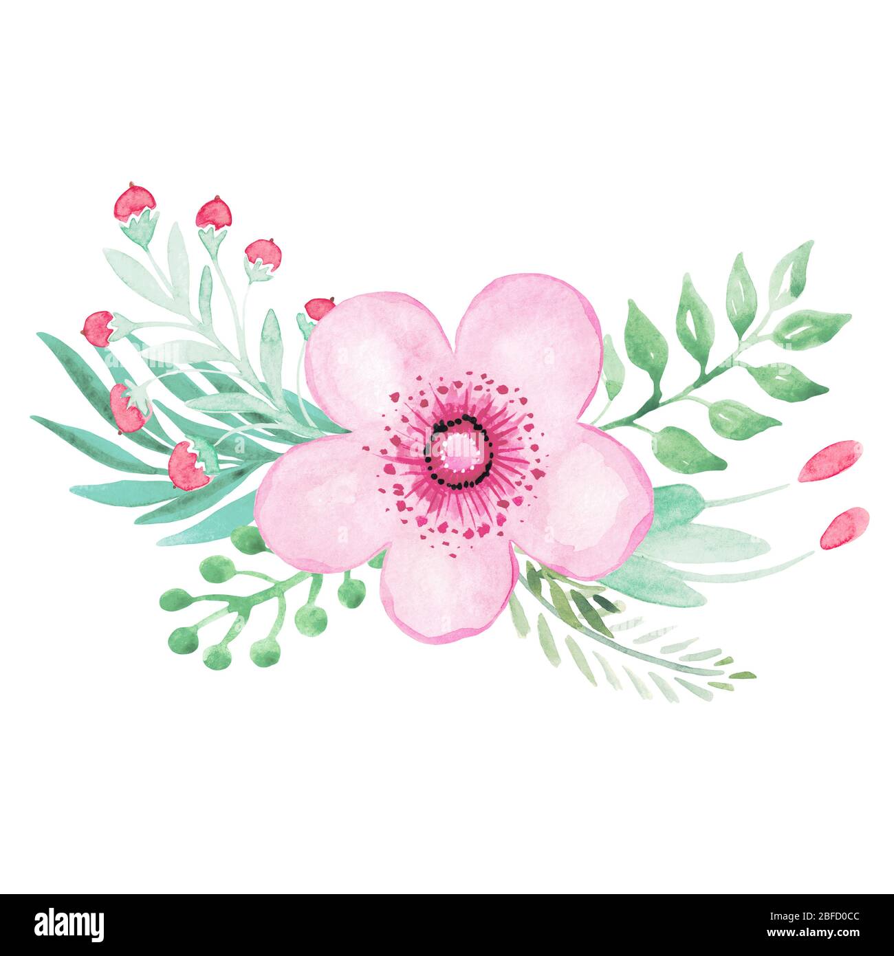 Aquarell Blume Illustration Clipart. Blumenarrangement für Hochzeitseinladungen, Postkarten, Karten, Vorlagen, Grüße, Hintergrund, Textur, DIY, Stockfoto