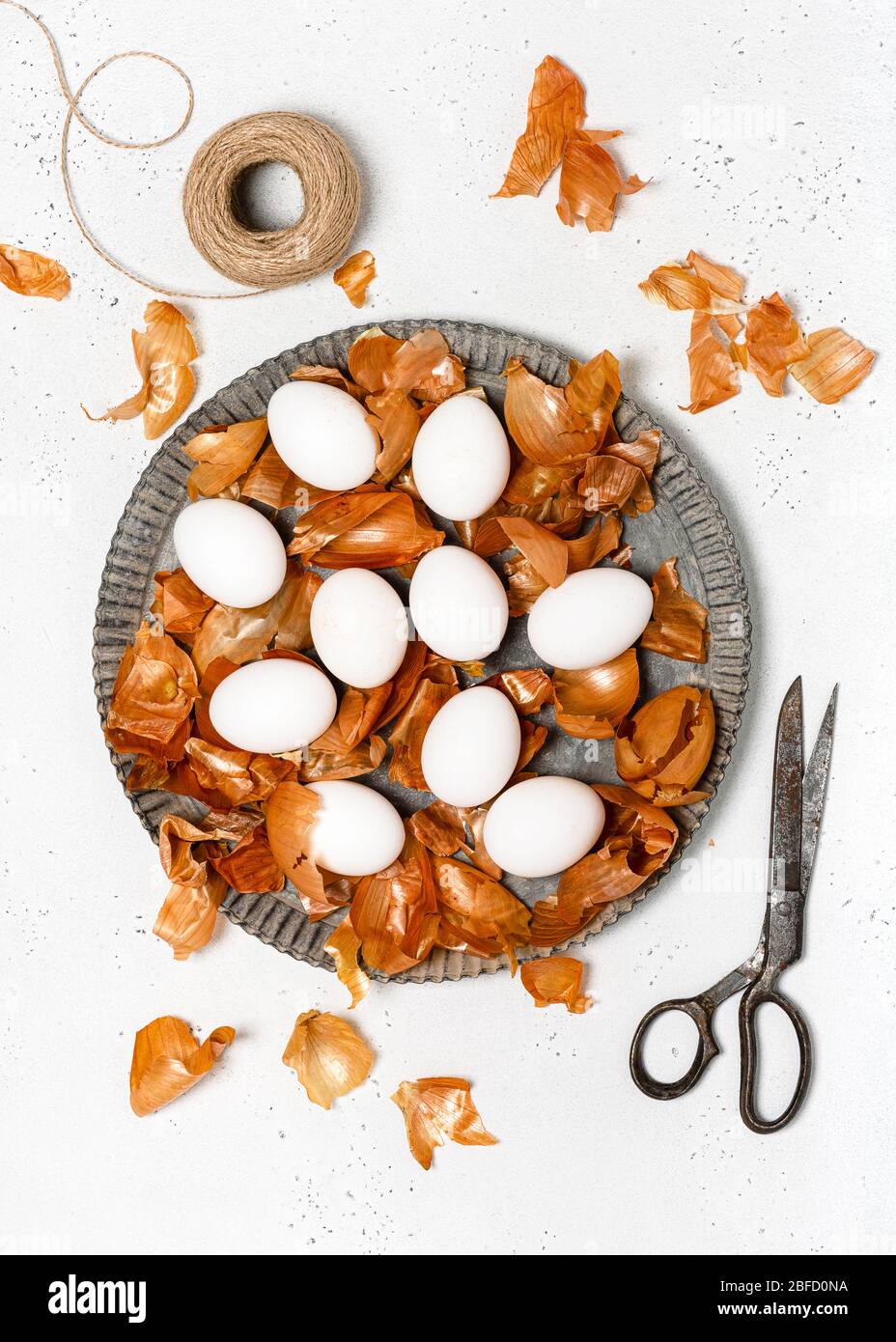 Rohe weiße Eier, Zwiebelschalen und Muster von frischen Kräutern. Prozess der Färbung von Eiern mit natürlichen Farben für Ostern. Selektiver Fokus. Stockfoto