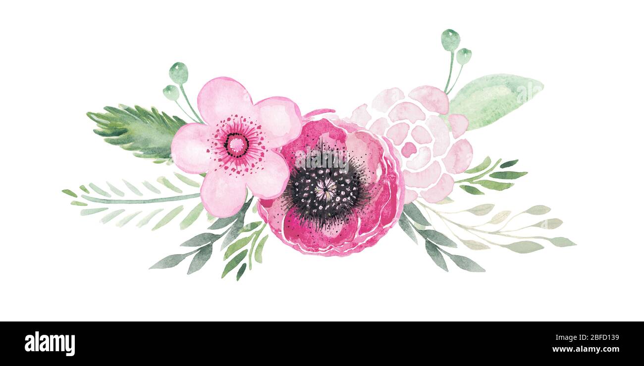 Aquarell Blume Illustration Clipart. Blumenarrangement für Hochzeitseinladungen, Postkarten, Karten, Vorlagen, Grüße, Hintergrund, Textur DIY von Stockfoto