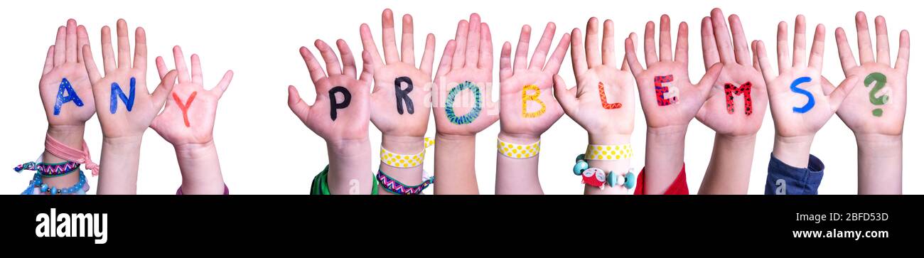 Kinder Hände Building Word Irgendwelche Probleme, Isoliert Hintergrund Stockfoto