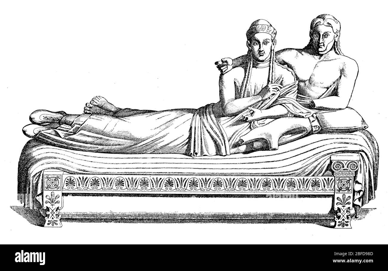 Etruskische Tonsarkophag von Cäre, Ehegatten-Sarkophag, Nekropole Banditaccia, heute in Villa Giulia Rom / Etruskischer Tonsarkophag aus Cäre, Ehegattensarkophag, Banditaccia-Nekropole, heute in der Villa Giulia Rom, historisch, digital verbesserte Reproduktion eines Originals aus dem 19. Jahrhundert / digitale Reproduktion aus dem 19. Jahrhundert Stockfoto