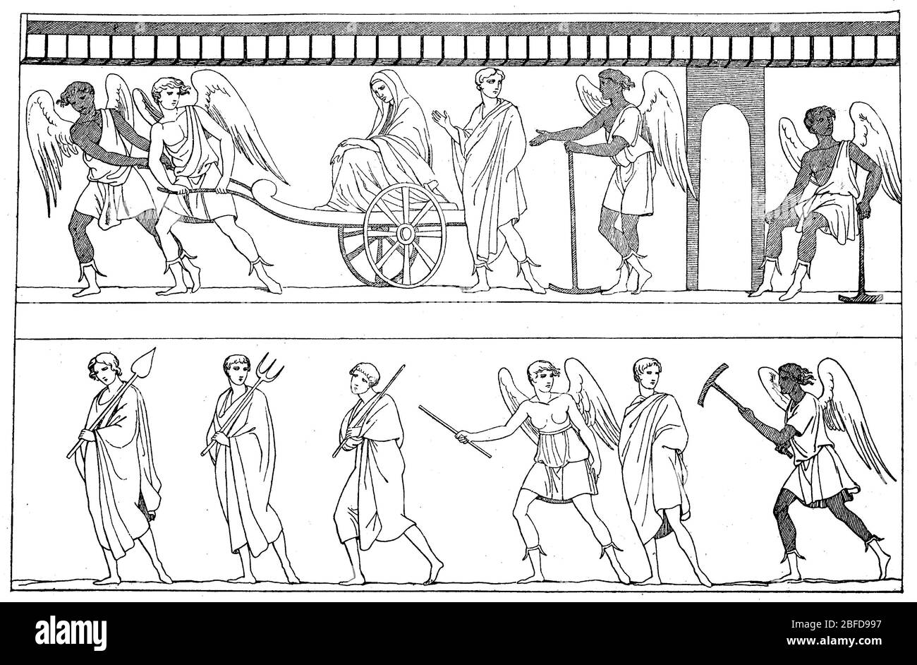 Gute und böse Geister führen die Seele an den Totenhof, Freskenbild aus einem etruskischen Grab / gute und böse Geister führen die Seele zum Totengericht, Freskkogild aus einem etruskischen Grab, Historisch, historisch, Digital verbesserte Reproduktion eines Originals aus dem 19. Jahrhundert / Digitale Reproduktion einer Originalvorlage aus dem 19. Jahrhundert Stockfoto