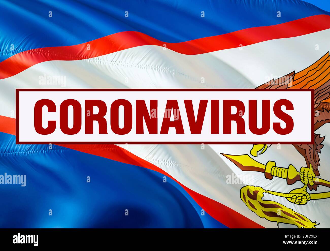 Inschrift Coronavirus COVID-19 auf Hintergrund der amerikanischen Samoa-Flagge. Weltgesundheitsorganisation, DIE neuen offiziellen Namen für Coronavirus-Krankheit eingeführt Stockfoto