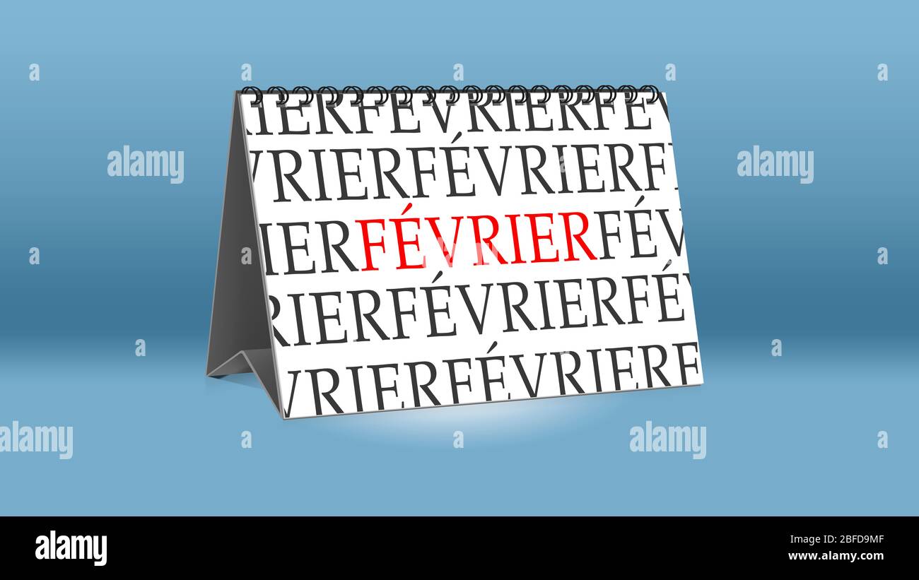 Ein Kalender für den Schreibtisch zeigt den französischen Monat Fevrier (Februar in englischer Sprache) Stockfoto