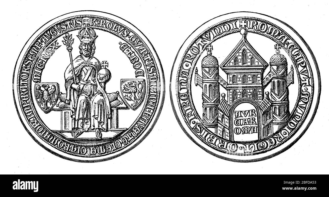Die goldene Bulle Kaiser Karls IV., kaiserliches Siegel / die goldene Bulle von Kaiser Karl IV., Kaisersiegel, Historisch, historisch, digital verbesserte Reproduktion eines Originals aus dem 19. Jahrhundert / Digitale Reproduktion einer Originalvorlage aus dem 19. Jahrhundert Stockfoto