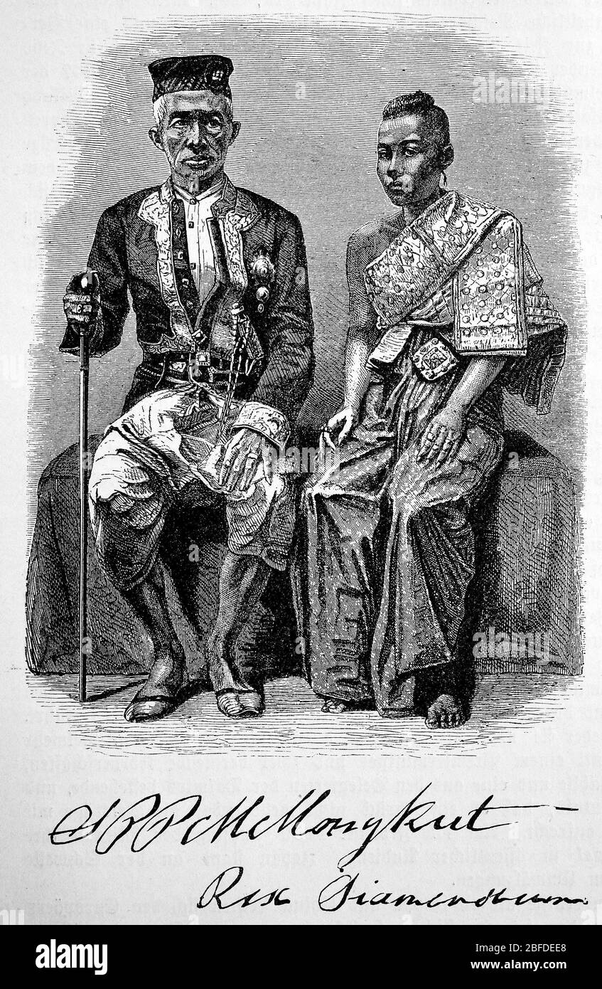 König Mongkut von Siam und seine Hauptfrau, um 1864 / König Mongkut von Siam und seine Hauptgemahlin, um 1864, Historisch, historisch, digital verbesserte Reproduktion eines Originals aus dem 19. Jahrhundert / digitale Reproduktion einer Originalvorlage aus dem 19. Jahrhundert Stockfoto