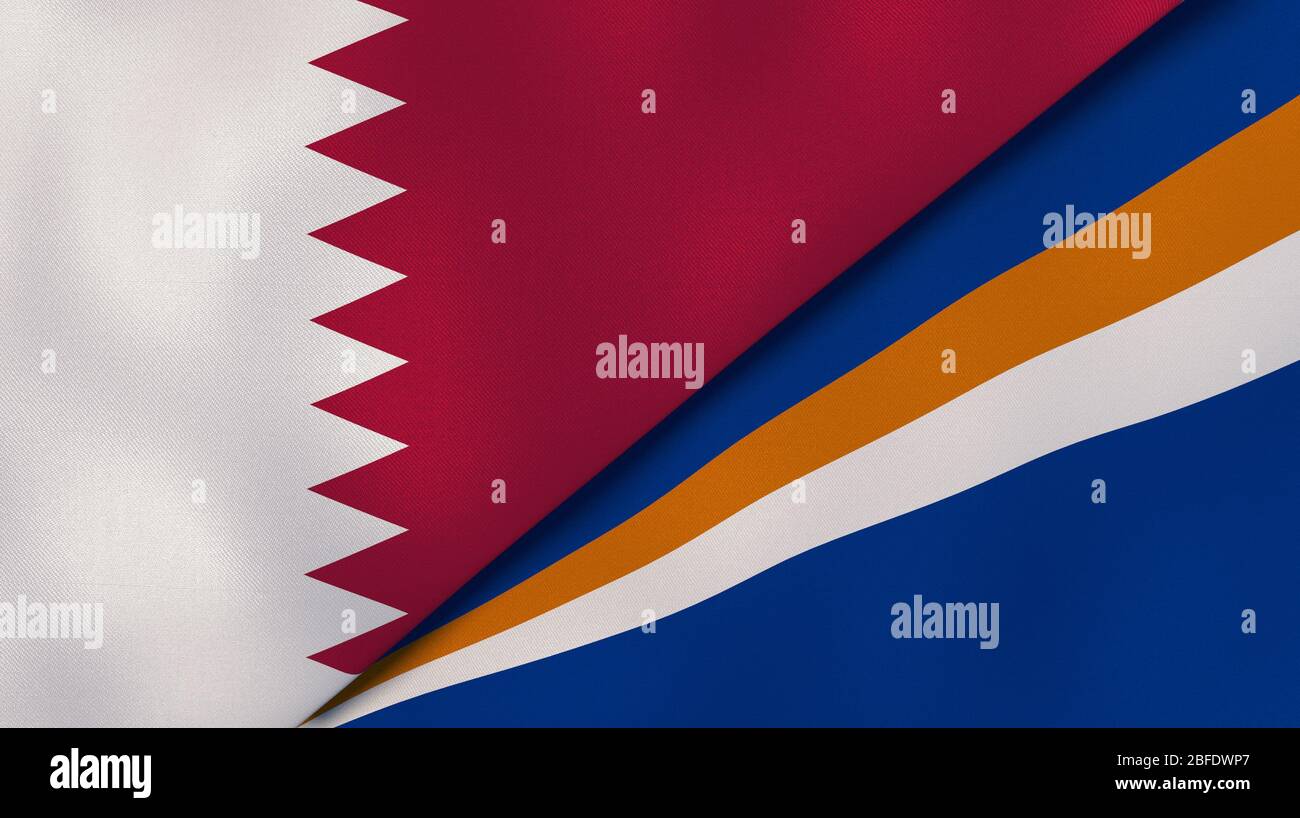 Zwei Staaten Flaggen von Katar und Marshallinseln. Qualitativ hochwertiger Hintergrund. 3d-Darstellung Stockfoto