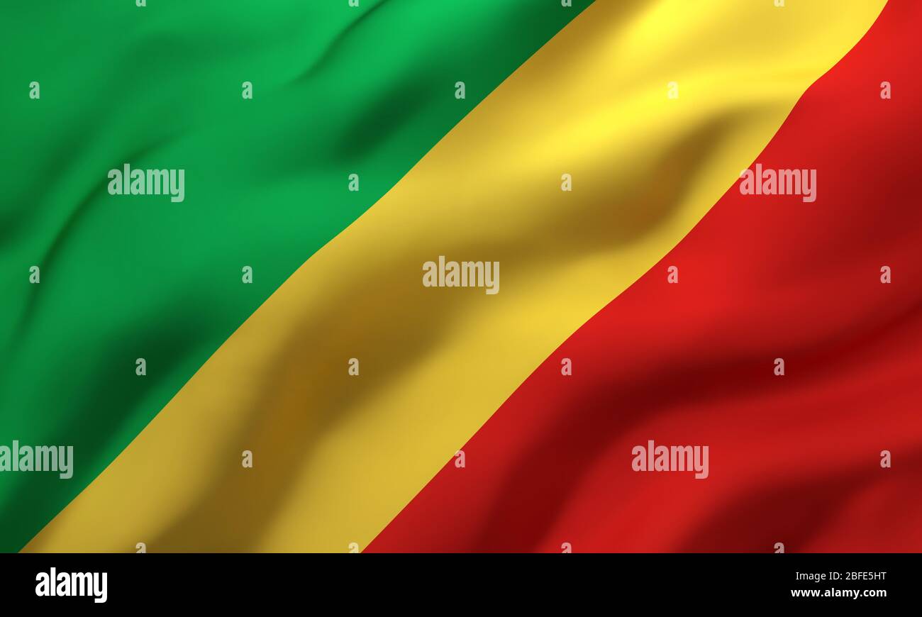 Flagge der Republik Kongo weht im Wind. Ganze Seite Kongolesische Flagge. 3D-Darstellung. Stockfoto