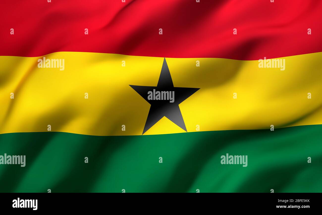 Flagge von Ghana weht im Wind. Ganzseitige ghanaische Flugflagge. 3D-Darstellung. Stockfoto