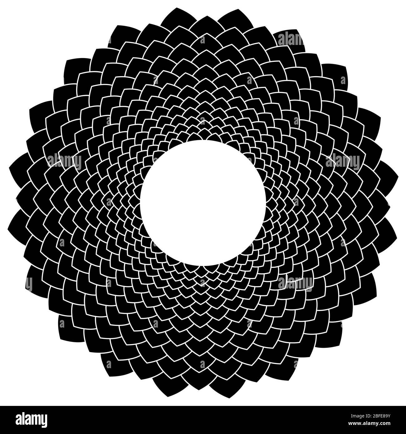 Abstraktes Schwarz-Weiß-Blumensymbol. Blütenblätter Formen ein Blume wie Zeichen mit einem weißen Kreis in der Mitte. Isolierte Darstellung. Stockfoto