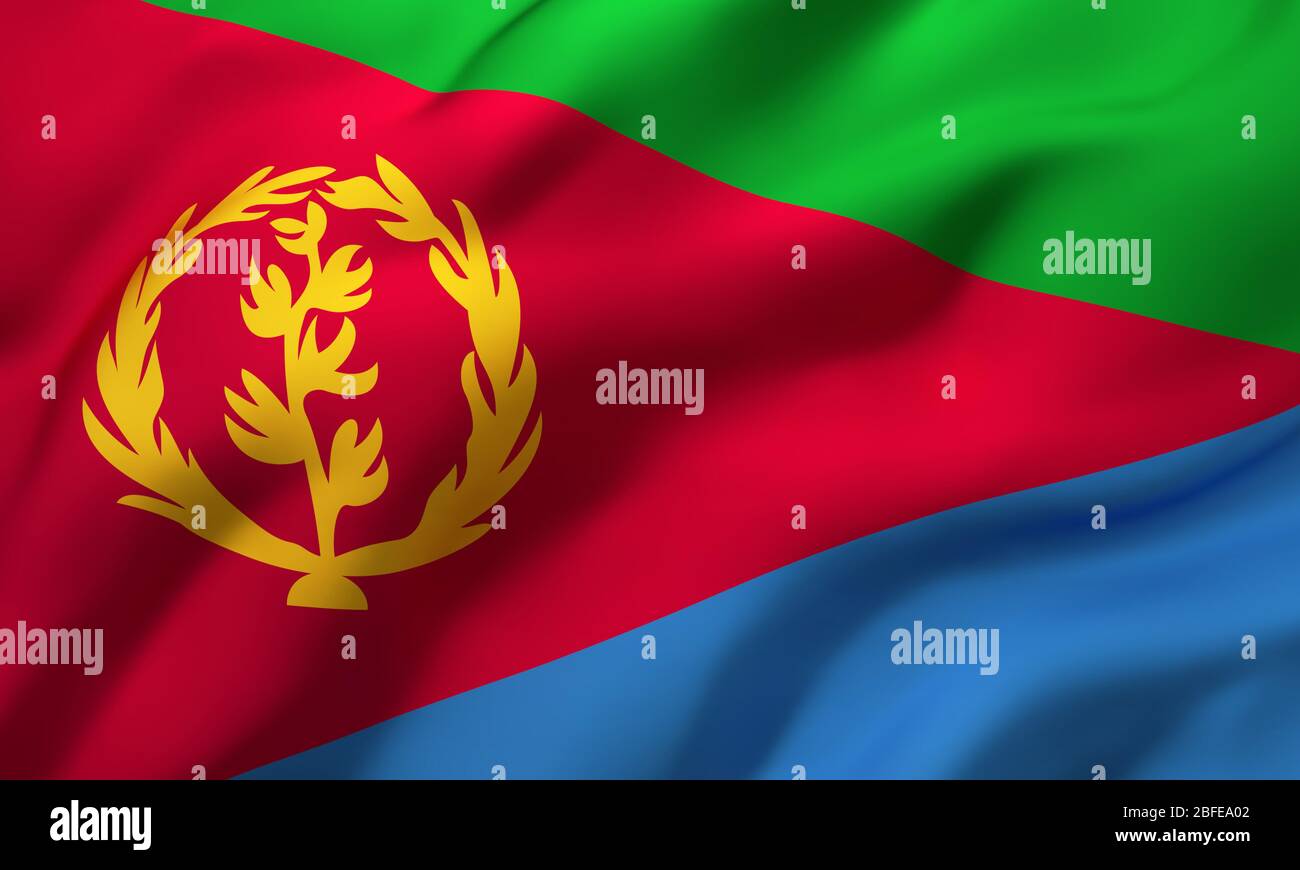 Flagge Eritreas weht im Wind. Ganze Seite Eritreische Flugflagge. 3D-Darstellung. Stockfoto