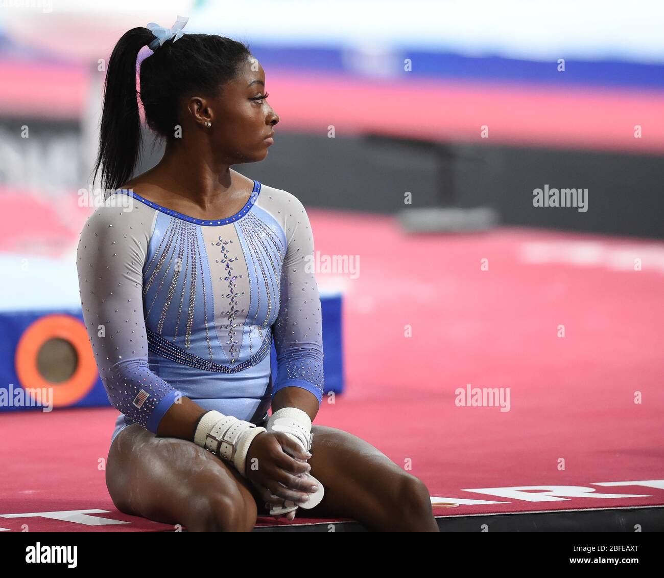 simone biles (usa) während der Weltmeisterschaften im Kunstturnen, stuttgart (dt.), Italien, 04. Oktober 2019, Sportturnen Stockfoto