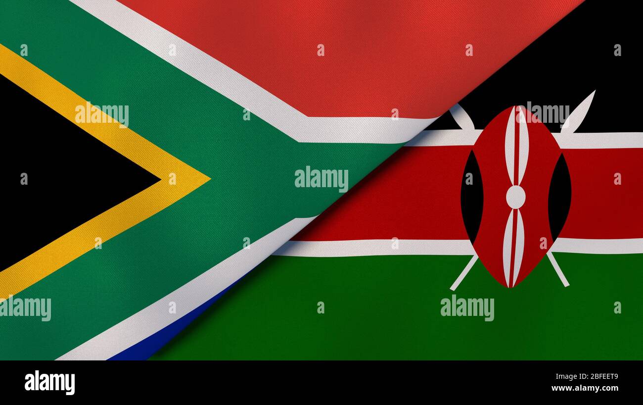Zwei Staatsflaggen von Südafrika und Kenia. Qualitativ hochwertiger Hintergrund. 3d-Darstellung Stockfoto