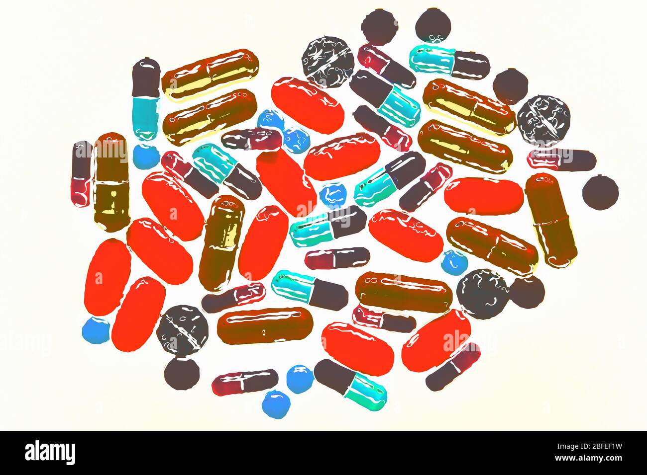 Bunte medizinische Pillen in flach lag isoliert auf weißem Hintergrund.Skizzenhafte Darstellung von Vitaminen und chemischen Medikamenten für starke Gesundheit.Pharmazeutische m Stockfoto