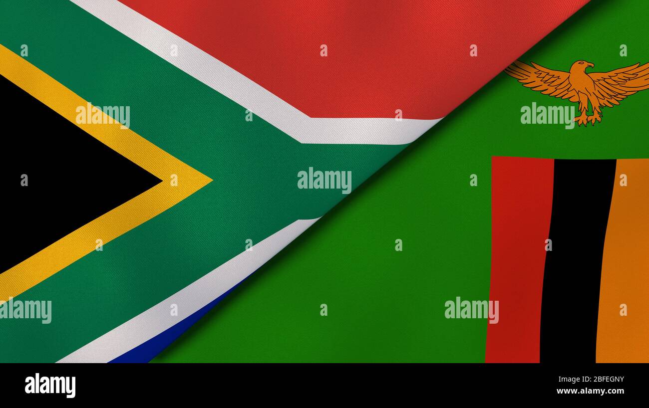 Zwei Staaten Flaggen von Südafrika und Sambia. Qualitativ hochwertiger Hintergrund. 3d-Darstellung Stockfoto