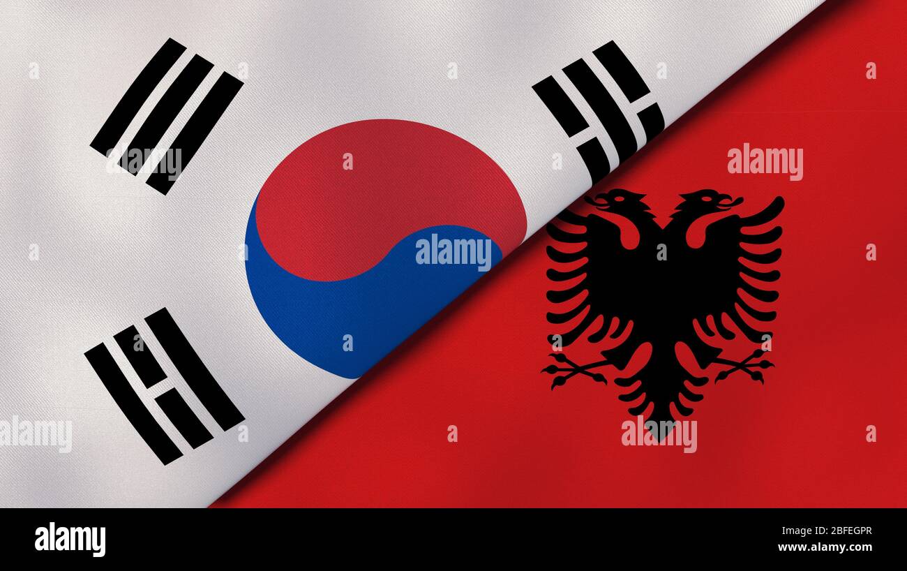 Zwei Staaten Flaggen von Südkorea und Albanien. Qualitativ hochwertiger Hintergrund. 3d-Darstellung Stockfoto