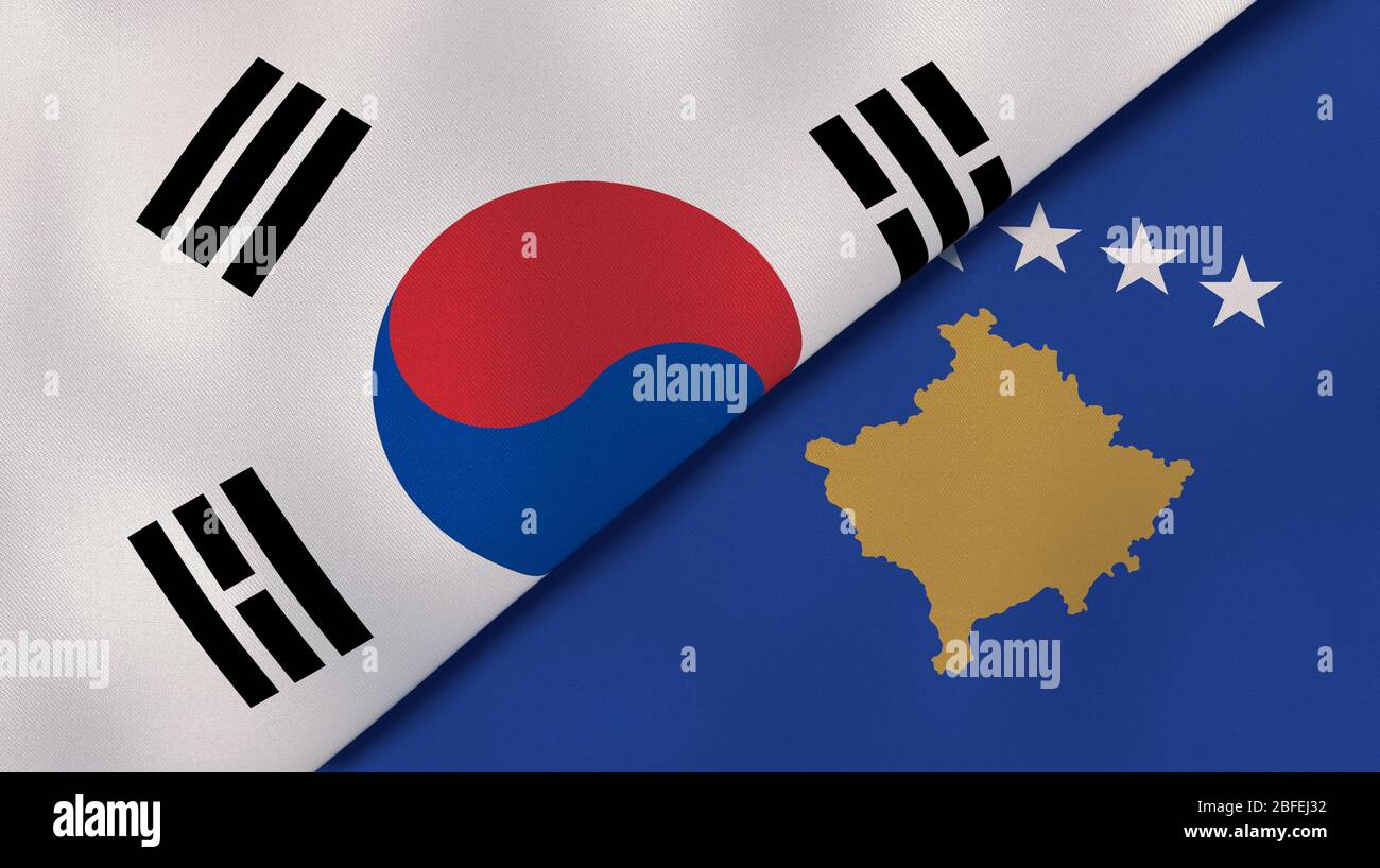 Zwei Staaten Flaggen von Südkorea und Kosovo. Qualitativ hochwertiger Hintergrund. 3d-Darstellung Stockfoto