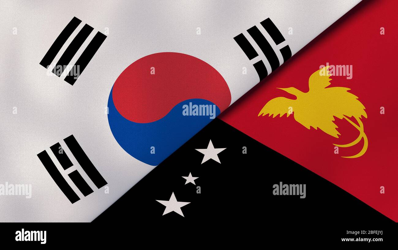 Zwei Staaten Flaggen von Südkorea und Papua-Neuguinea. Qualitativ hochwertiger Hintergrund. 3d-Darstellung Stockfoto