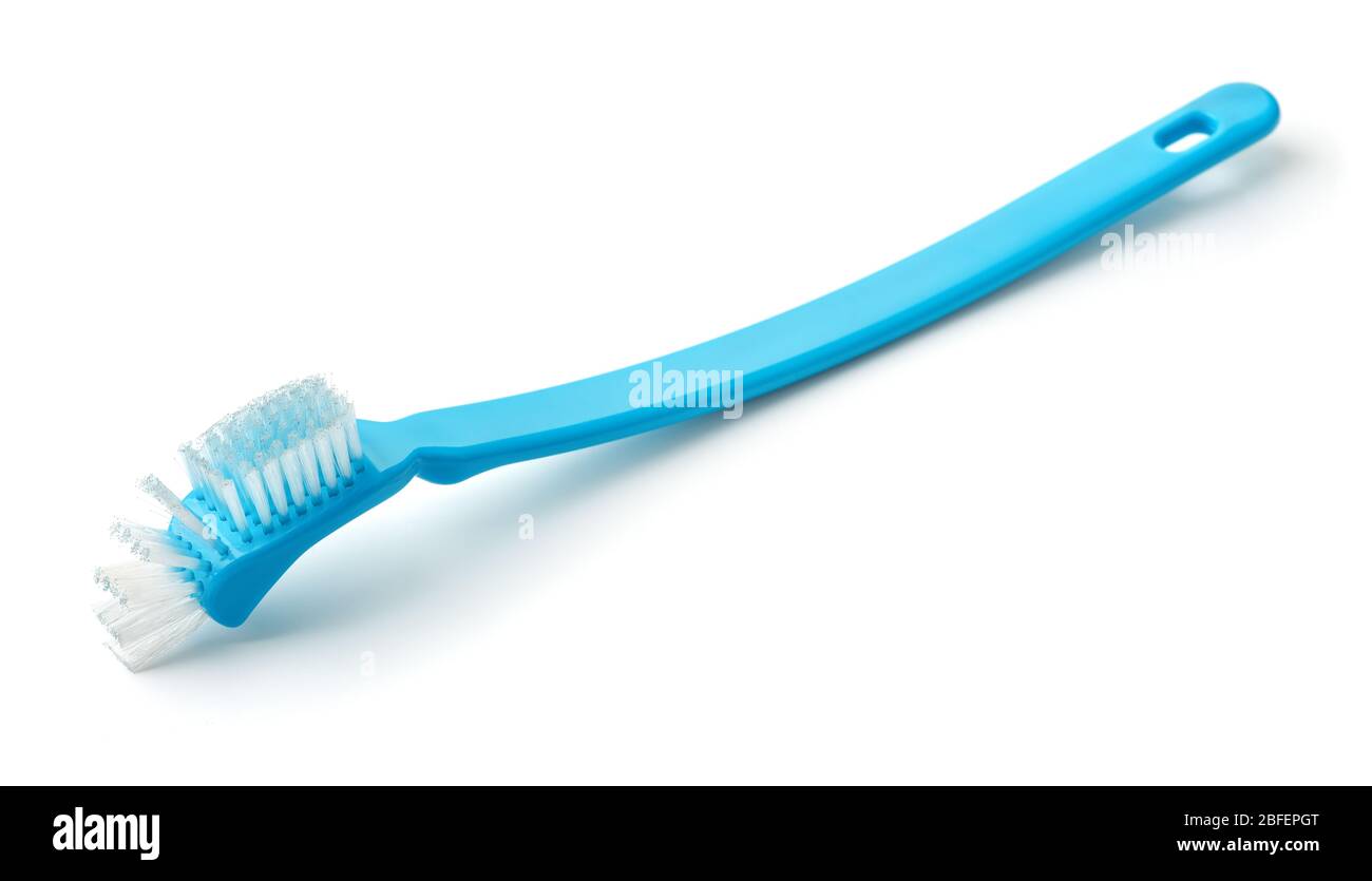 Blaue Plastikflasche Bürste isoliert auf weiß Stockfoto