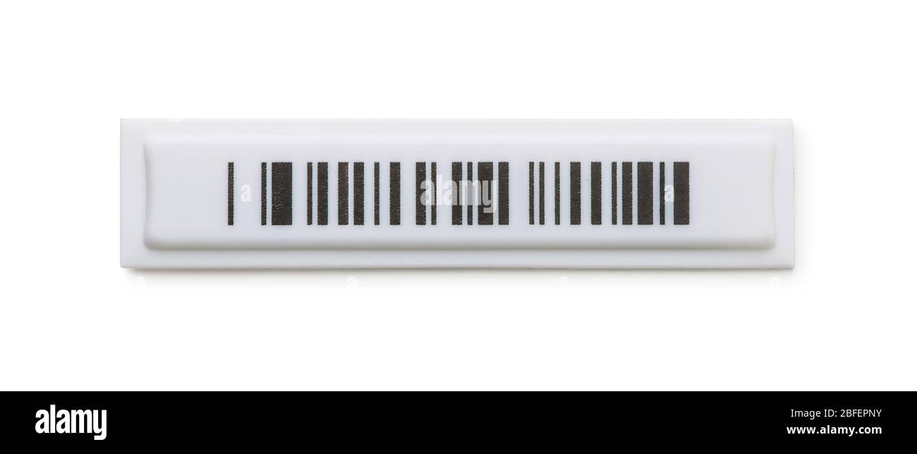Kunststoffetikett für die Sicherheit im Einzelhandel mit zufälligem Barcode auf weiß isoliert Stockfoto