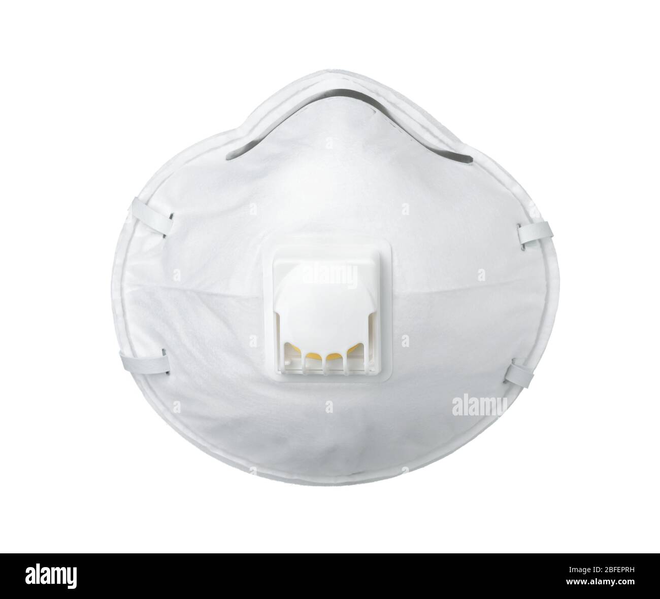 Frontansicht der weißen Atemschutzmaske mit isoliertem Atemventil auf Weiß Stockfoto