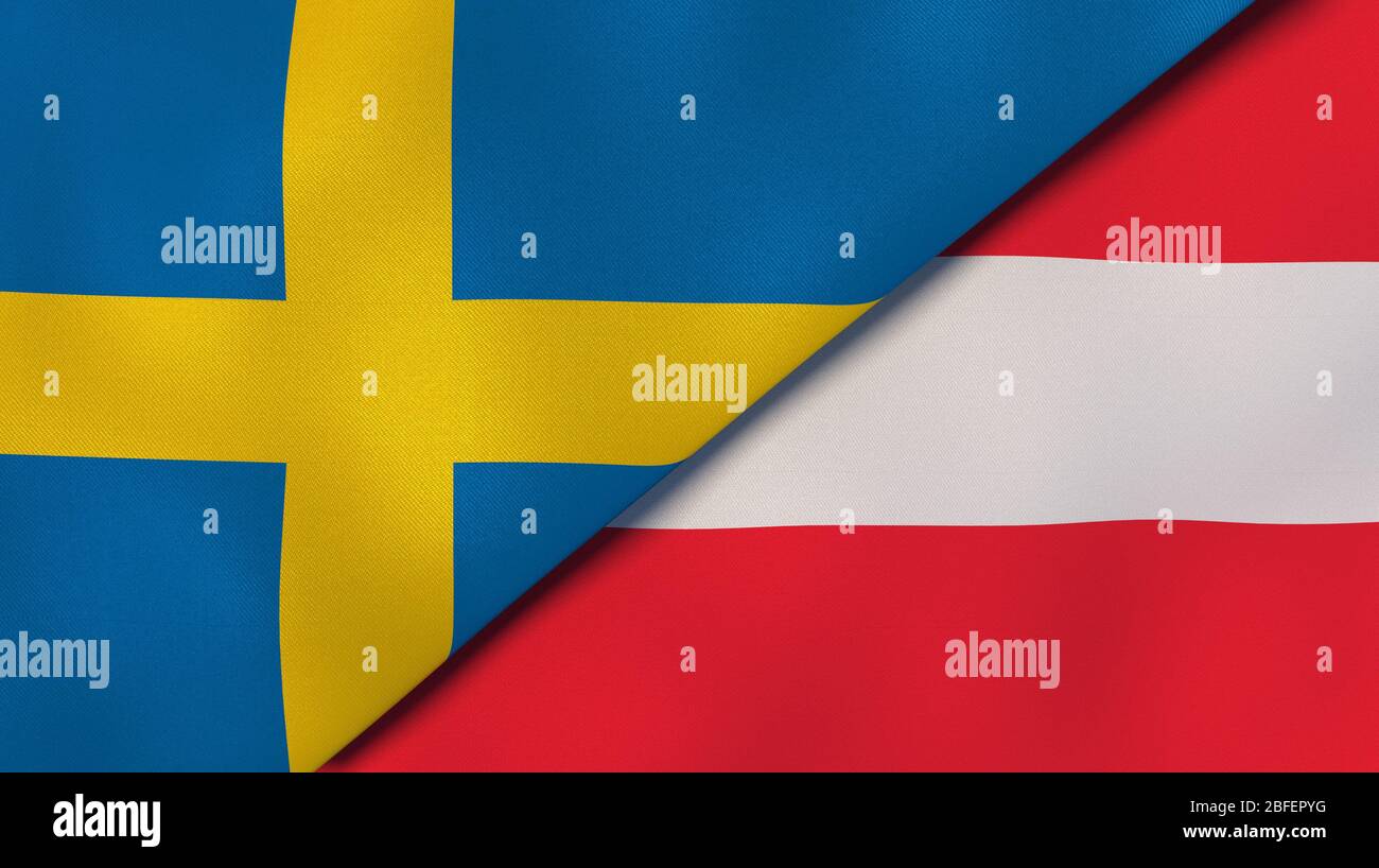 Zwei Staatsflaggen von Schweden und Österreich. Qualitativ hochwertiger Hintergrund. 3d-Darstellung Stockfoto