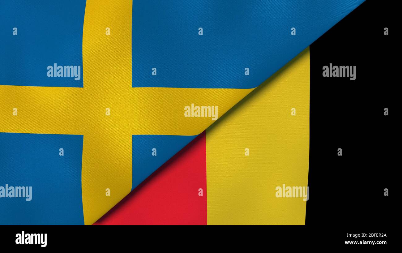 Zwei Staatsflaggen von Schweden und Belgien. Qualitativ hochwertiger Hintergrund. 3d-Darstellung Stockfoto